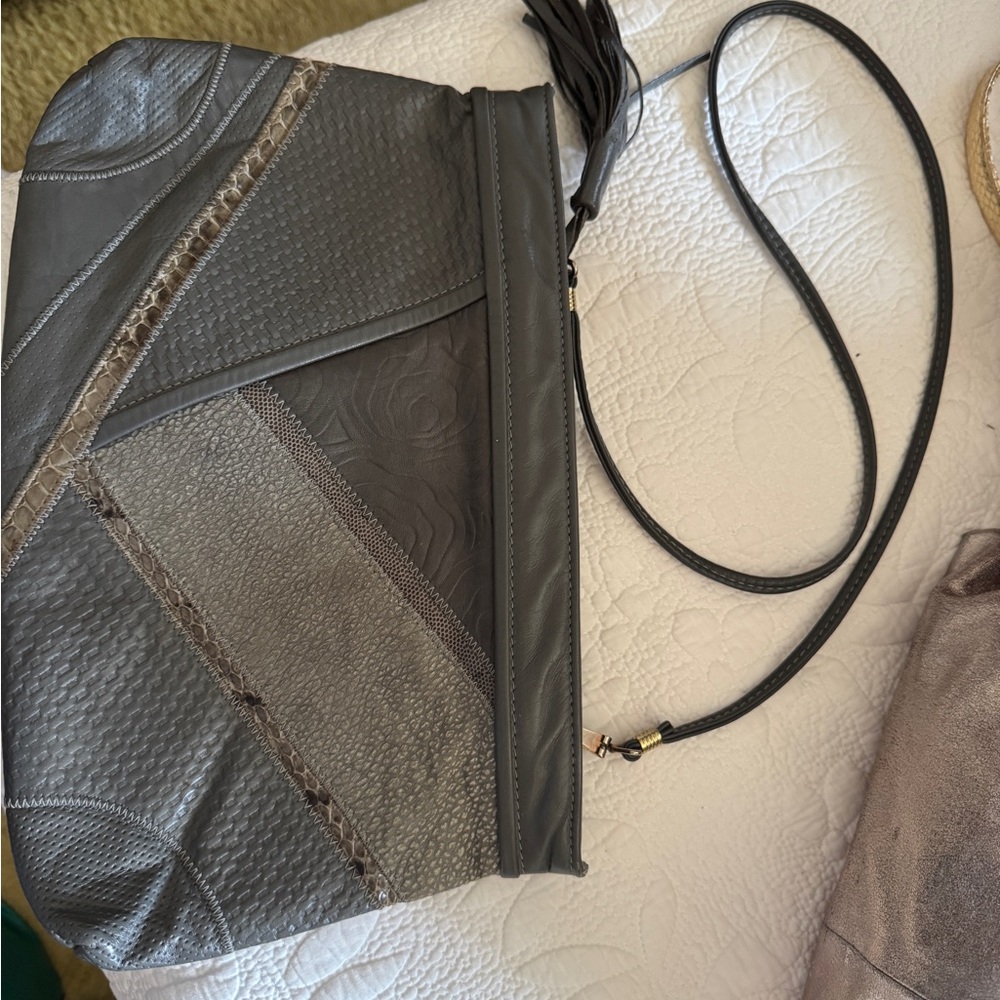 Large Vintage grey leather clutch with strap